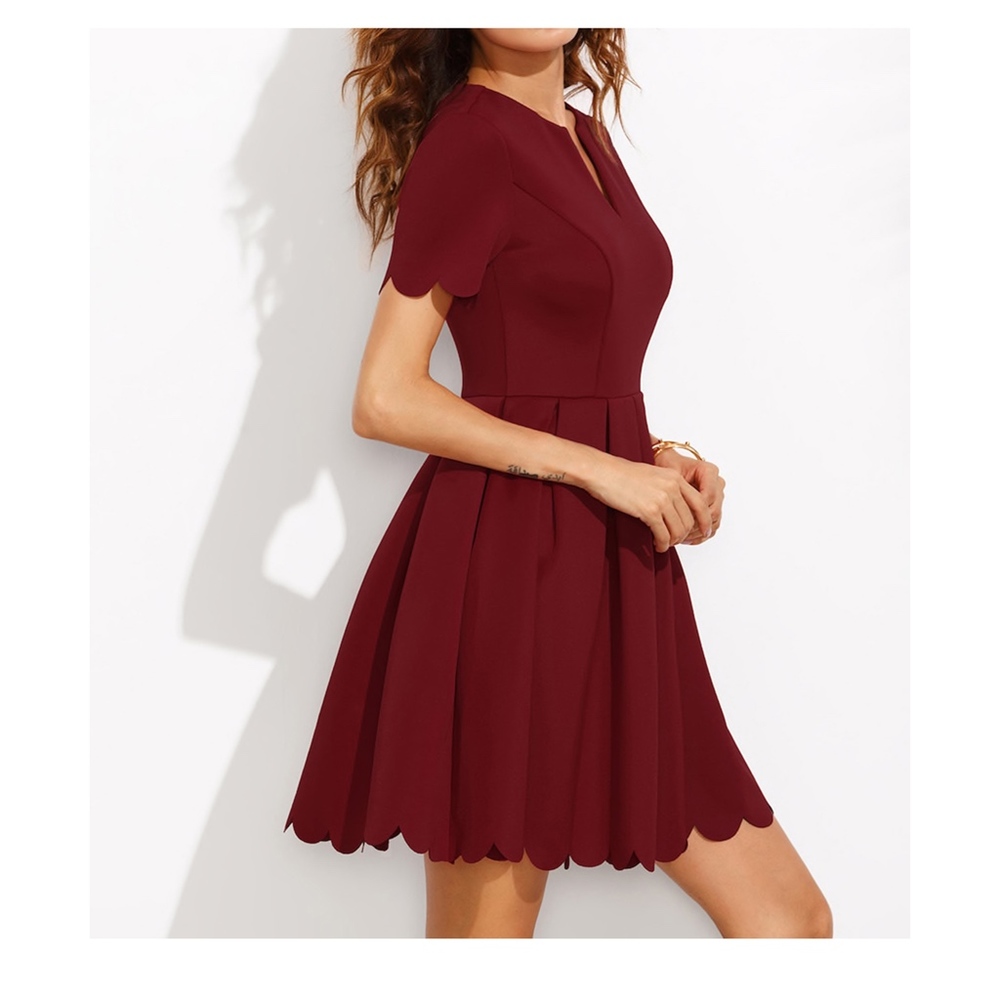 Burgundy Red V Neck Fit & Flare Scallop Dress - Picture 3 of 7